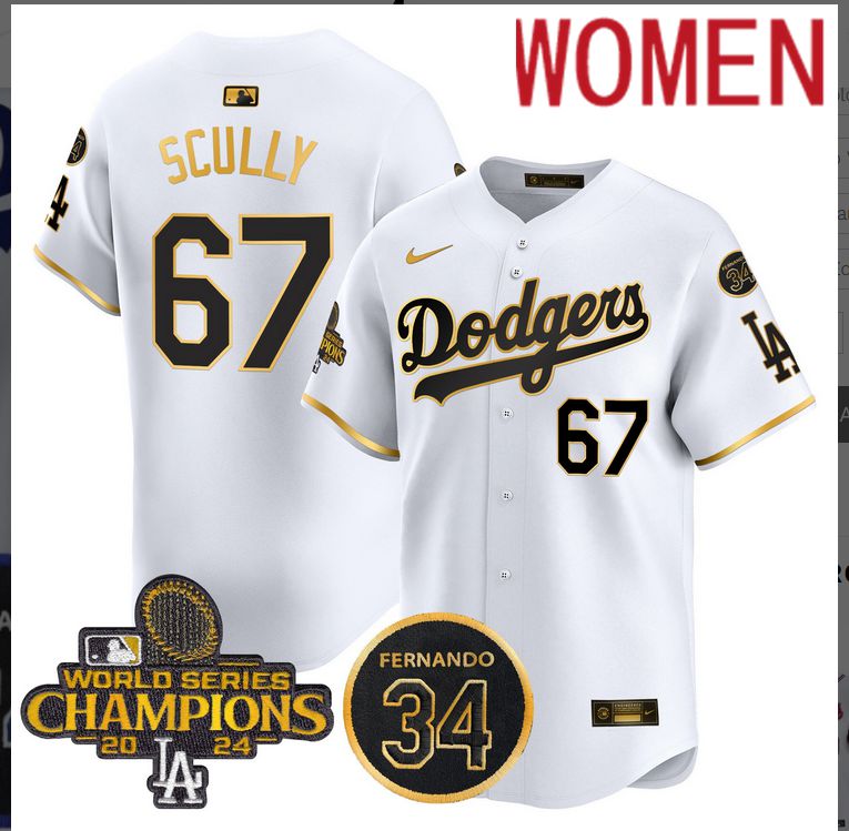 Women MLB Los Angeles Dodgers #67 Scully white 2024 World Series Champions Patch Limited Jersey style 2